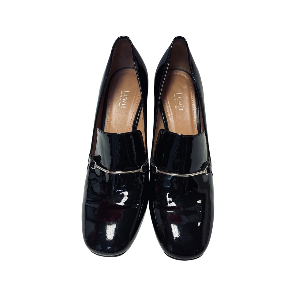 Lewit Amara Black Patent Leather Block Pumps 37 Italy Career Chic Preppy Retro